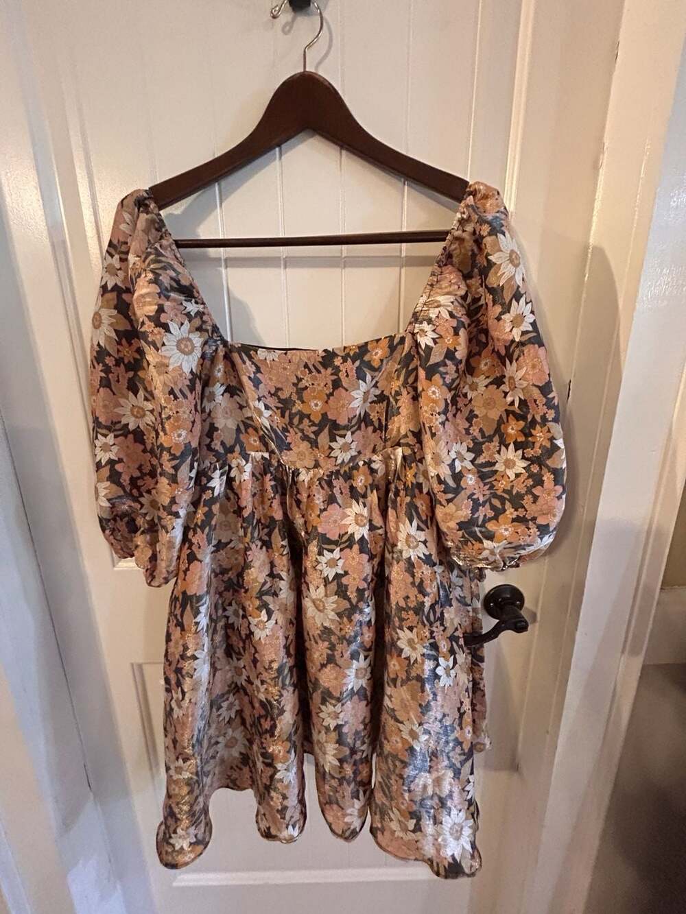 Storia Metallic Floral Puff Sleeve Babydoll Mini Dress